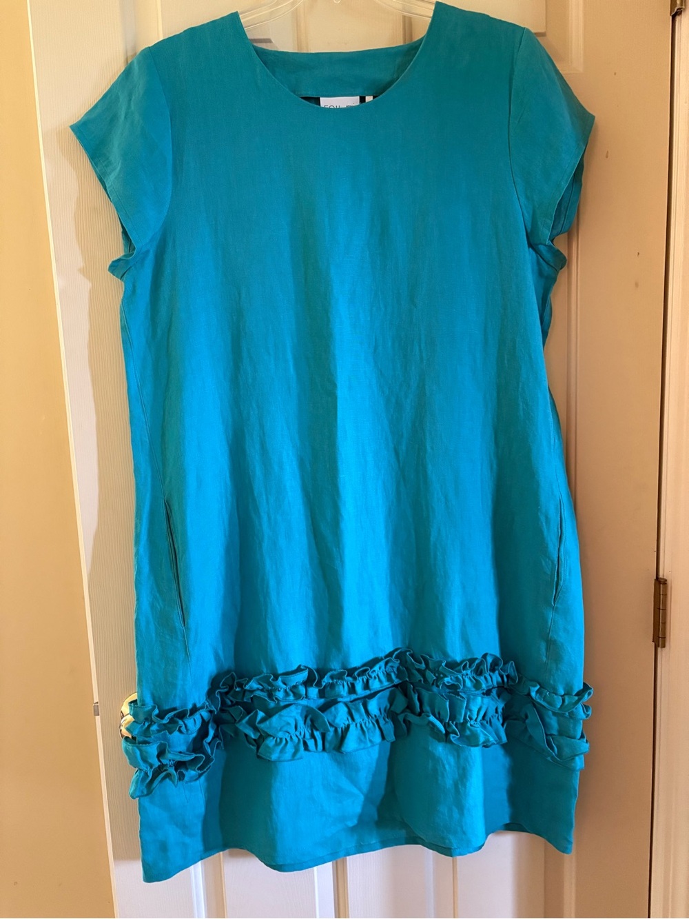 Foil Size 12 Teal Linen Dress with Ruffle Hem